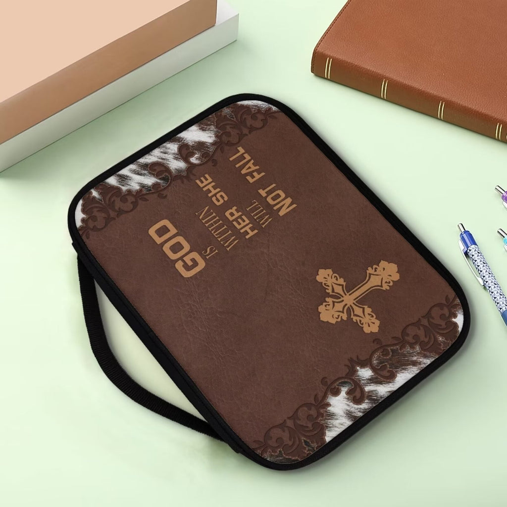 Renewold Casual Cross Bible Case for Men Personalized God is Within Her She Will Not Fall Print Carrier Tote Bag Dustproof Brown Bible Book Covers