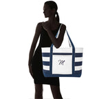 DALIX Premium Beach Bags Striped Navy Blue Zippered Tote Bag Monogrammed M