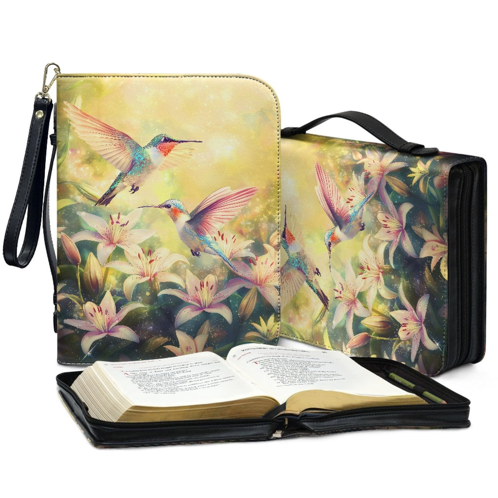 ZUXONGSY Hummingbird Lily Flower Print PU Leather Bible Case for Women Men Lightweight Bible Carrying Tote Bags with Detachable Wristlet Strap Church Bag for Bible Study Bible Gift, L