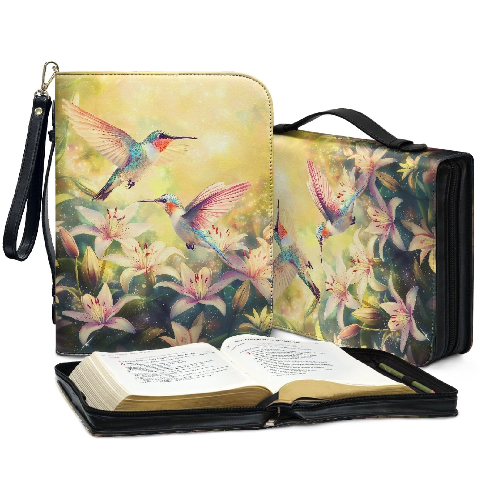 ZUXONGSY Hummingbird Lily Flower Print PU Leather Bible Case for Women Men Lightweight Bible Carrying Tote Bags with Detachable Wristlet Strap Church Bag for Bible Study Bible Gift, L