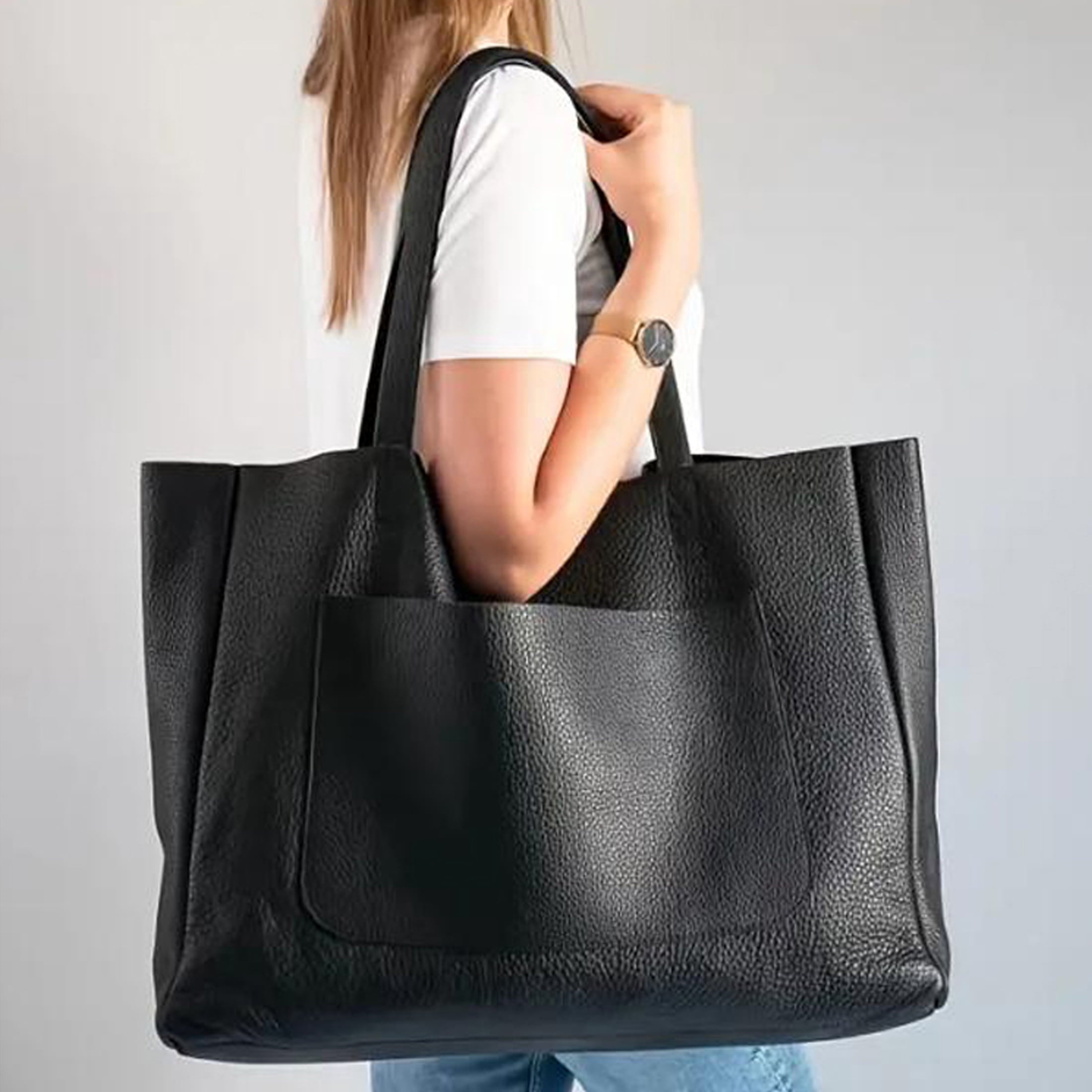 Large Capacity Vintage PU Leather Tote for Women Office Everyday Handbag(Black1 )