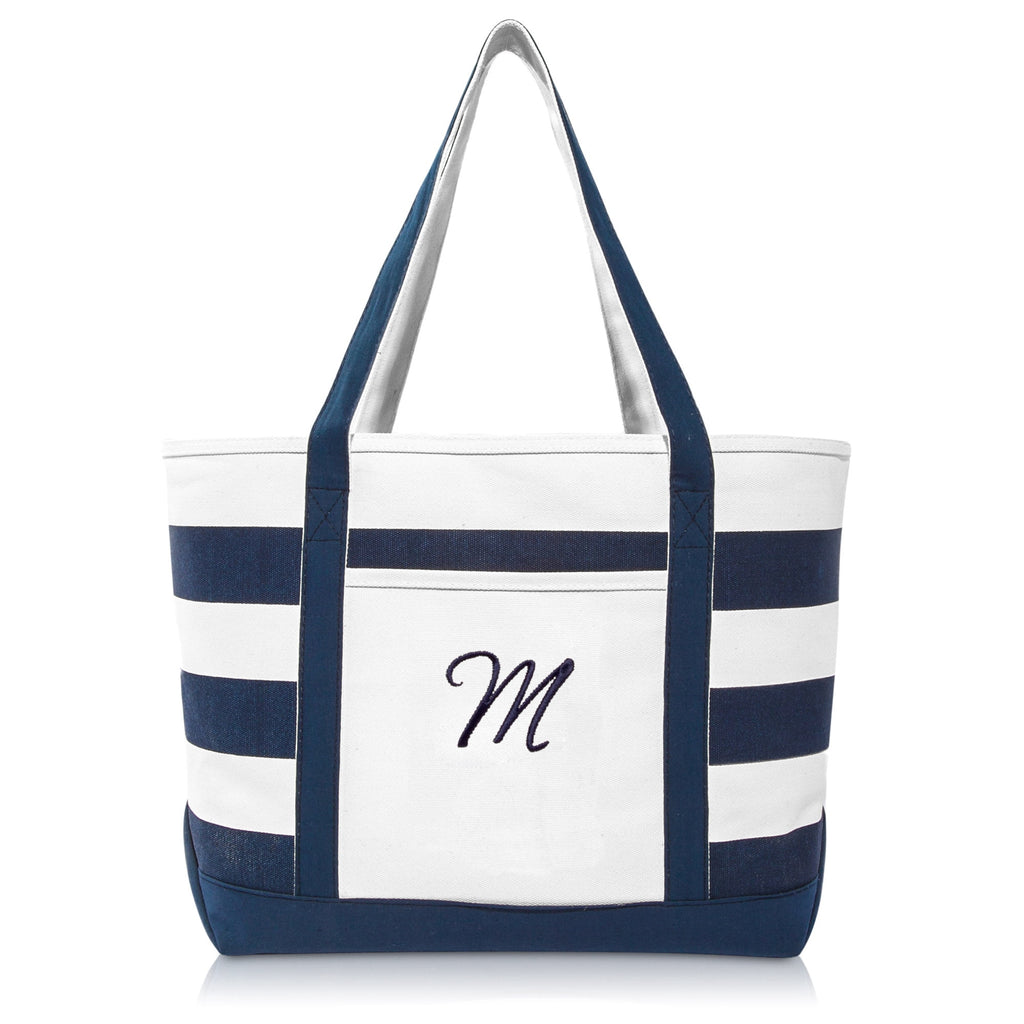 DALIX Premium Beach Bags Striped Navy Blue Zippered Tote Bag Monogrammed M