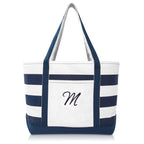 DALIX Premium Beach Bags Striped Navy Blue Zippered Tote Bag Monogrammed M