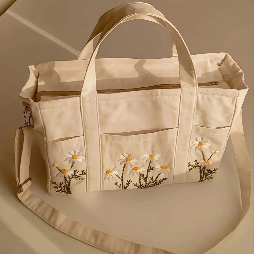 Canvas Tote Bag with Multi-Pocket for Women Large Crossbody Shoulder Handbag Everything Tote Bag with Compartments